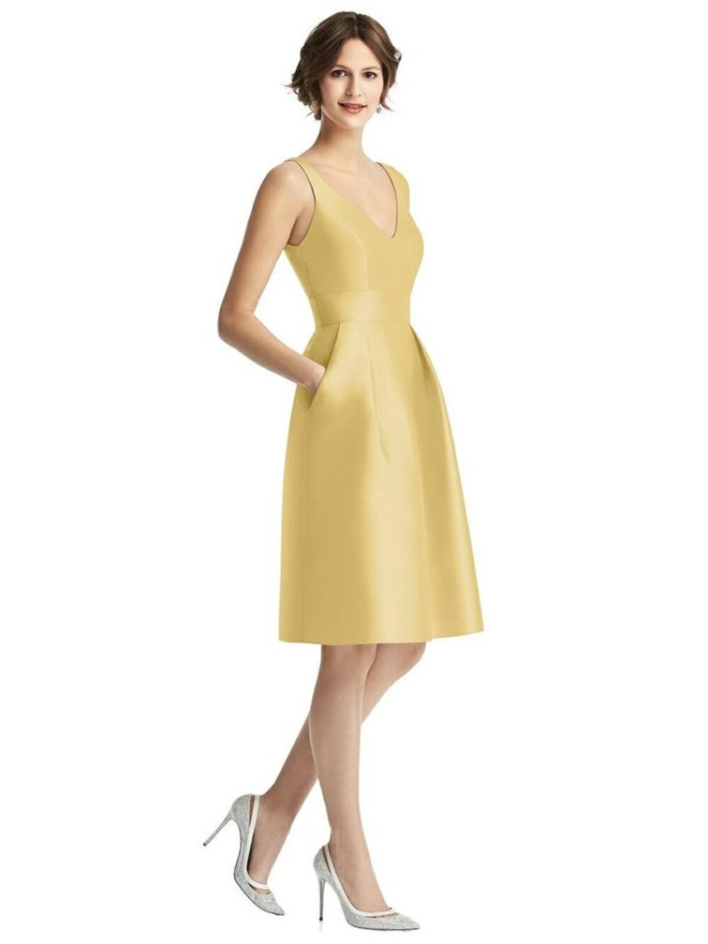 D658 ALFRED SUNG SHORT SATIN YELLOW DRESS A LINE SLEEVELESS SIZE 14 (FITS 8-14)